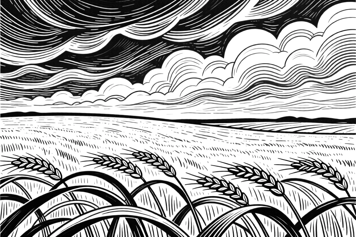 A vast wheat field rippling in the wind under a dramatic cloudy sky.