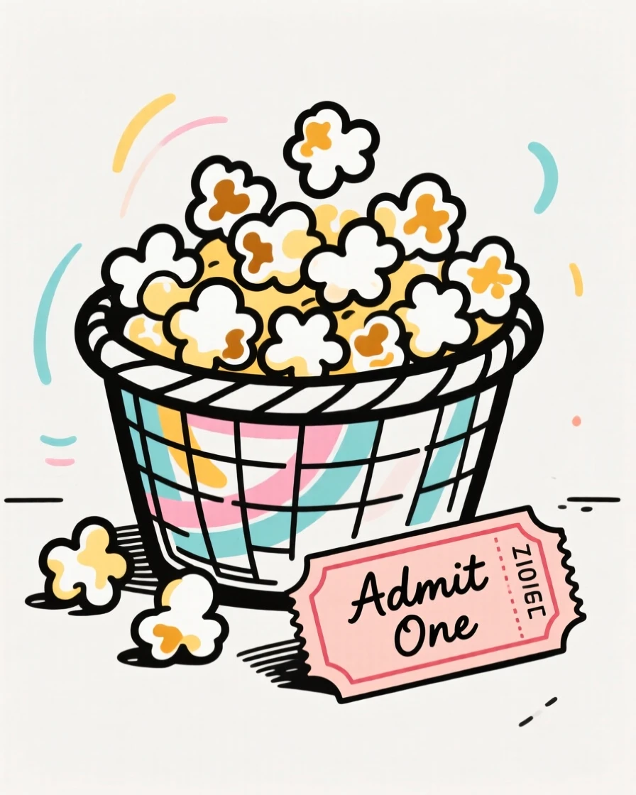 A basket of popcorn overflowing beside a movie ticket stub.