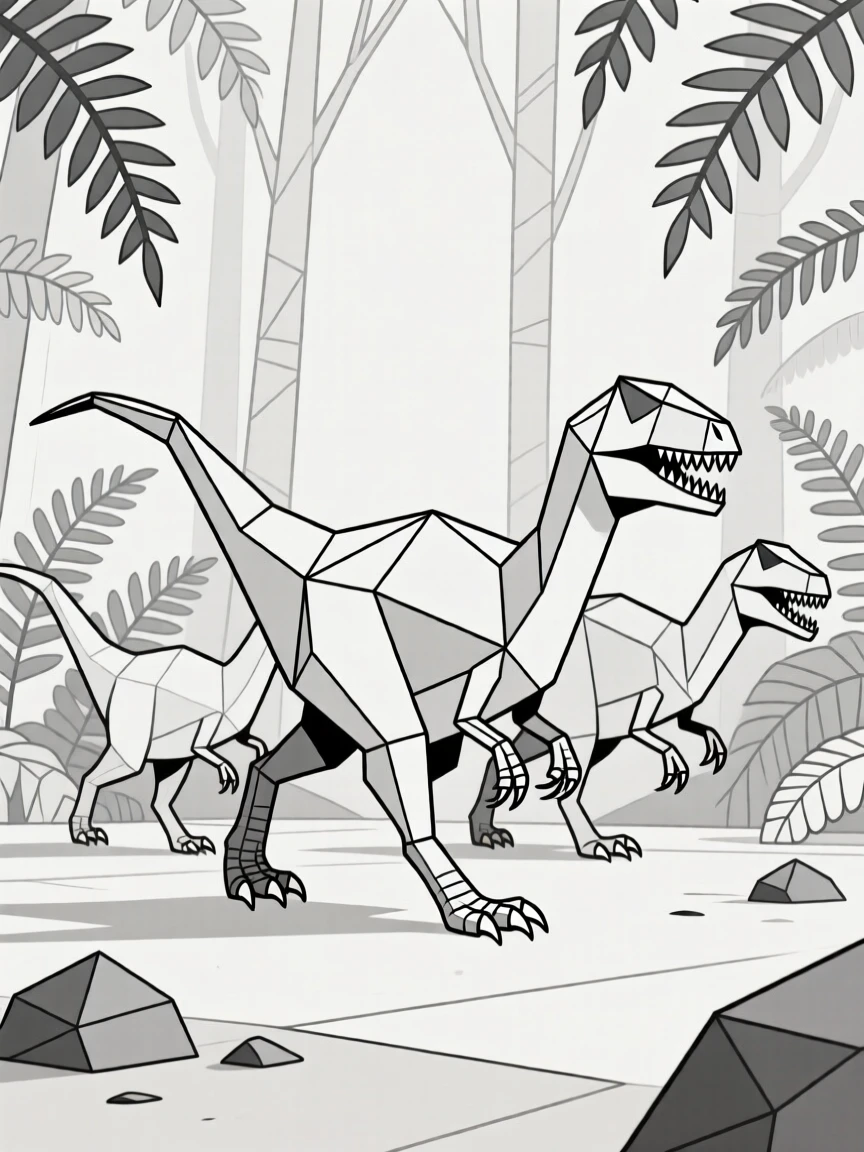 A Deinonychus pack hunting through a fern-filled forest