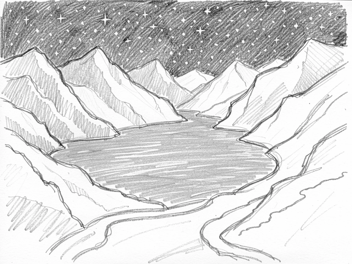 A turquoise alpine lake, beneath a sky full of stars, with a winding river cutting through the scene.