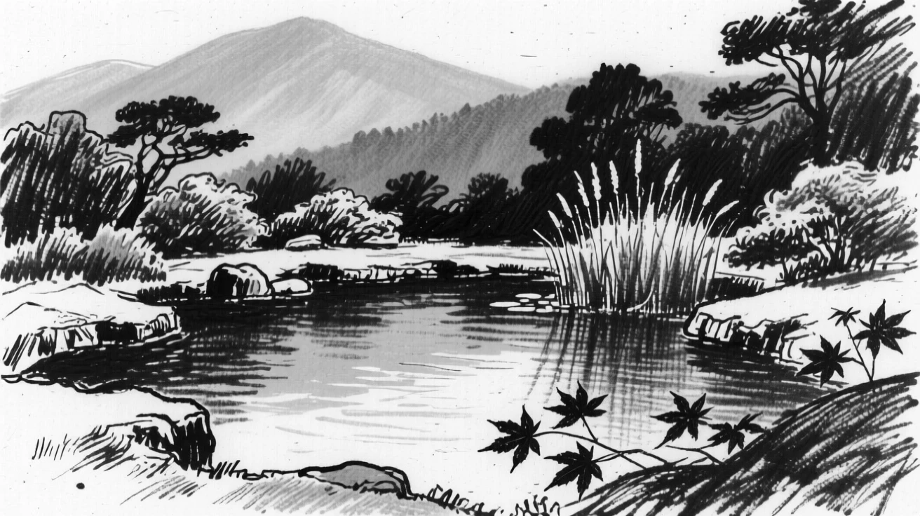 A tranquil Japanese garden pond with distant mountains fading into blue haze.