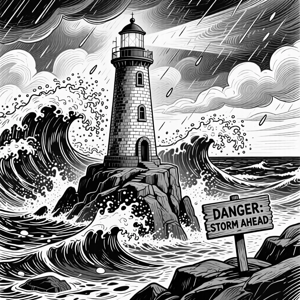 A dramatic sea storm with towering waves crashing against a lighthouse.