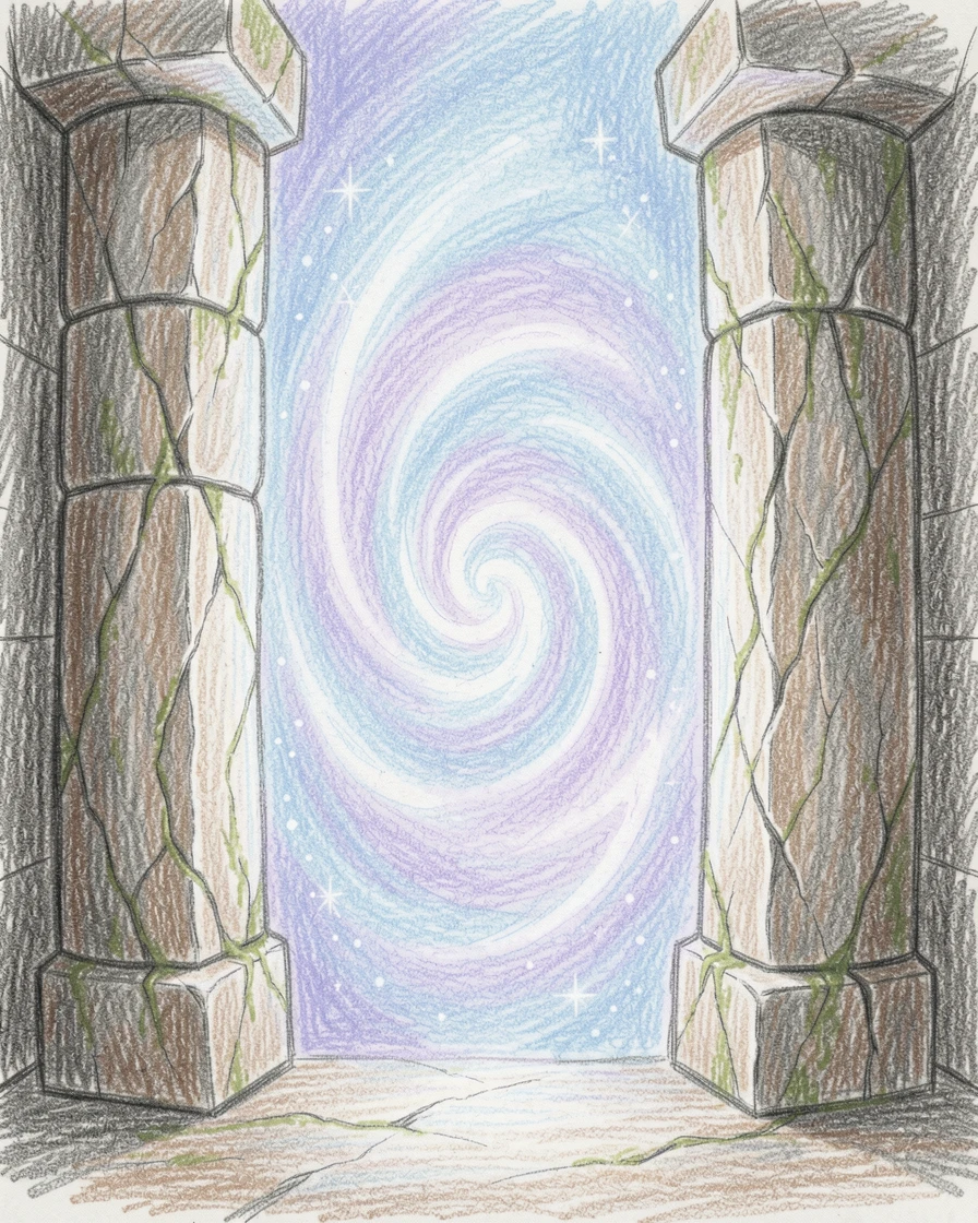 A magical portal glowing between two ancient stone pillars, with soft glowing light illuminating every magical detail, perfect for lovers of fantasy and fairy tales.