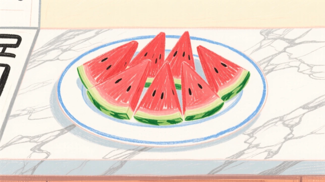 A plate of sliced watermelon arranged neatly on a marble kitchen counter.