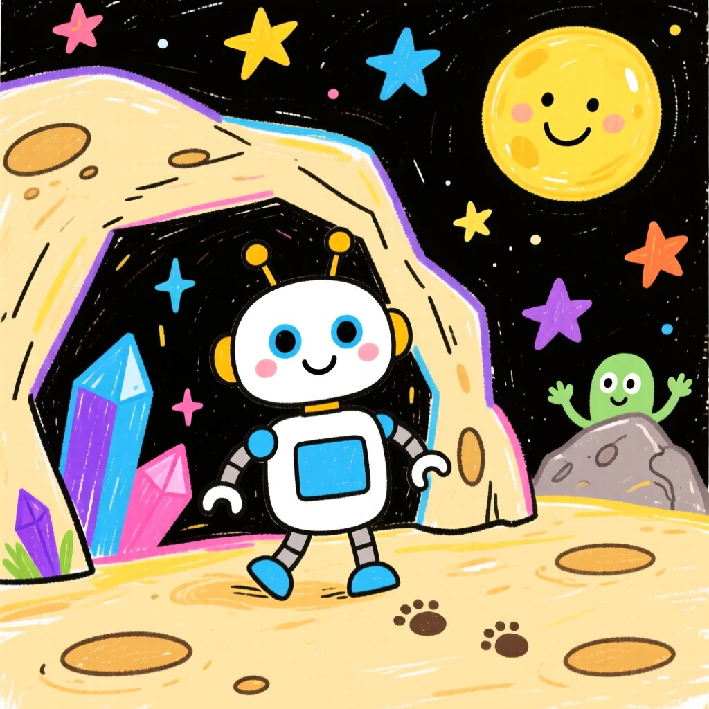 A friendly robot exploring a cave on a distant moon.