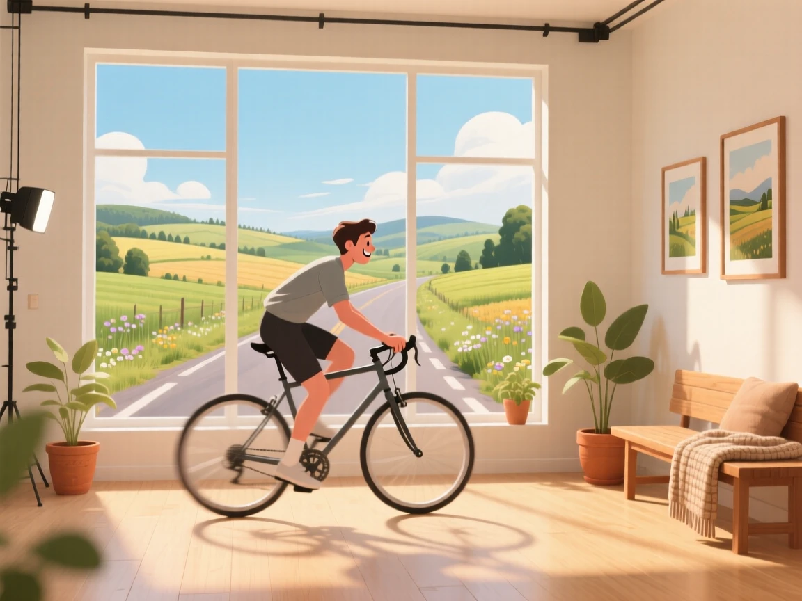 A cyclist riding through a scenic countryside road, in a bright, airy studio filled with natural light, composed with gentle motion blur suggesting playful movement, with a sense of warmth and togetherness in every detail.