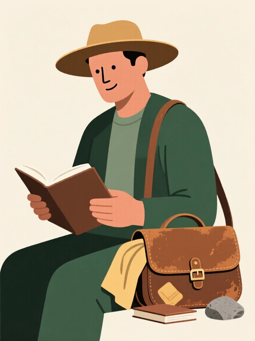 A portrait of a farmer writing in a journal near a worn leather satchel, filled with shared belonging.