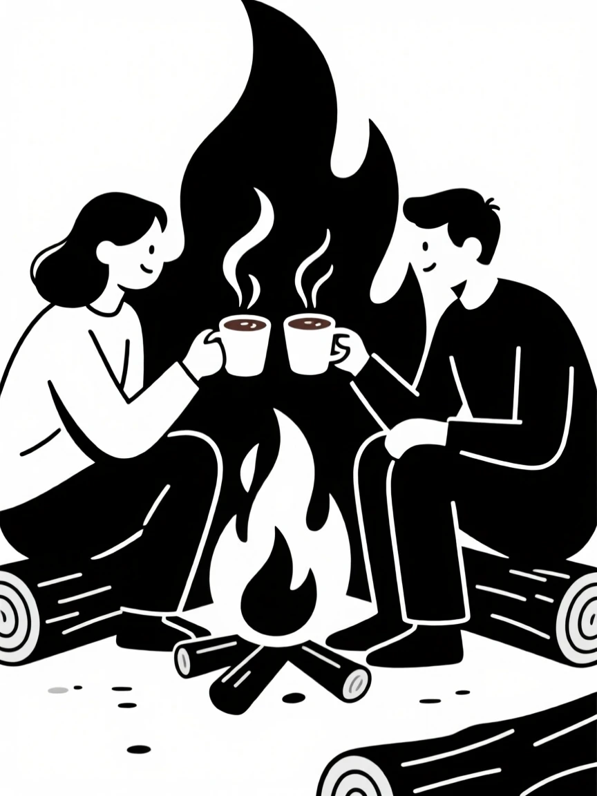 Two friends toasting with cups of hot cocoa by a fire.