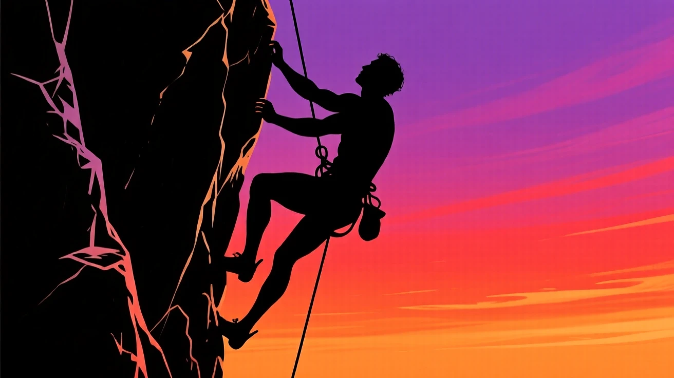 A free solo climber pausing mid-ascent on an exposed rock face.
