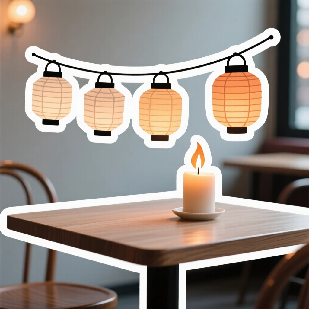 A sweetly detailed string of paper lanterns, placed next to a lit candle, on a café table with soft ambient light.