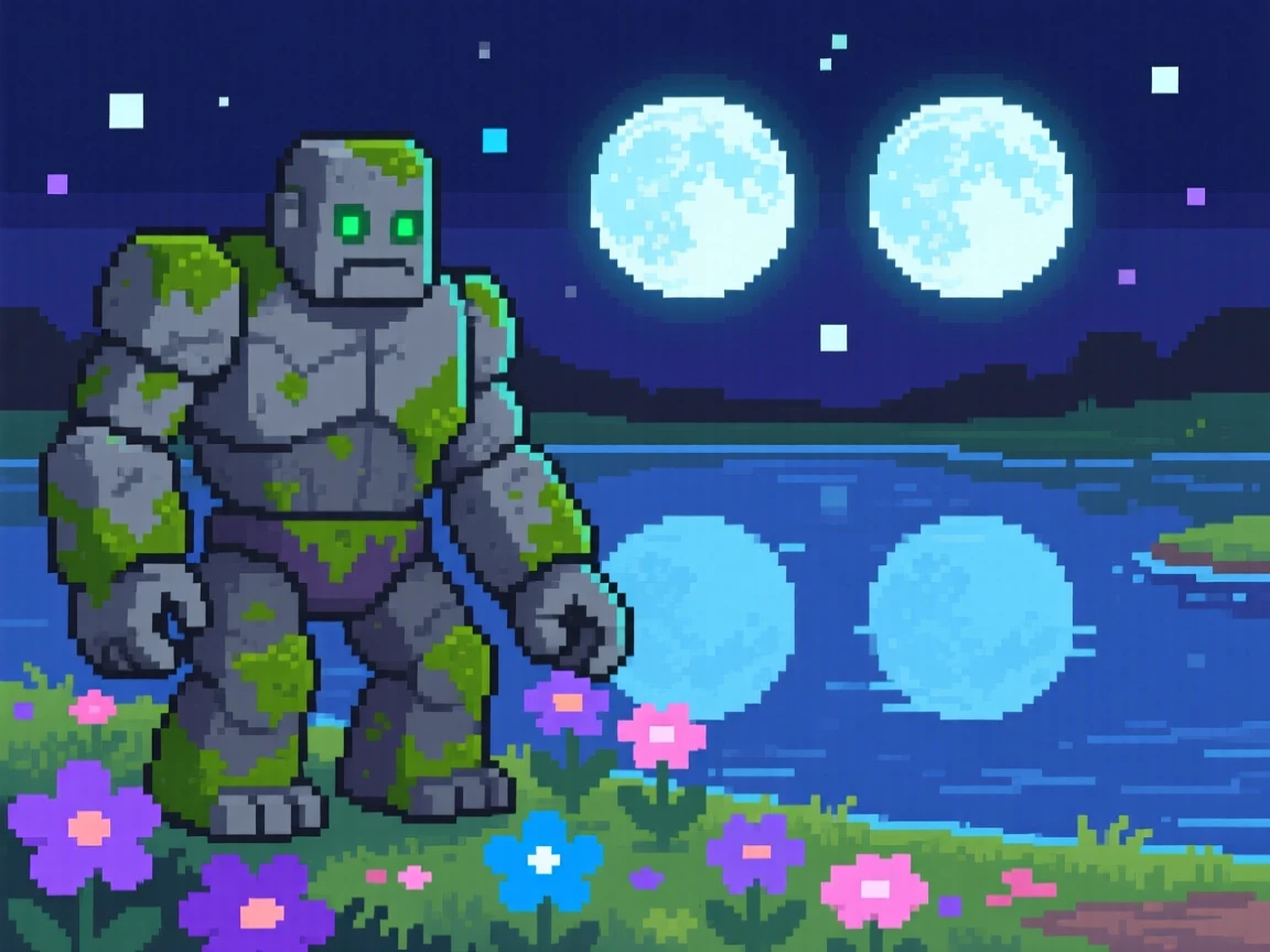 A moss-covered stone golem tending a garden of enchanted flowers, beside a lake reflecting two moons.