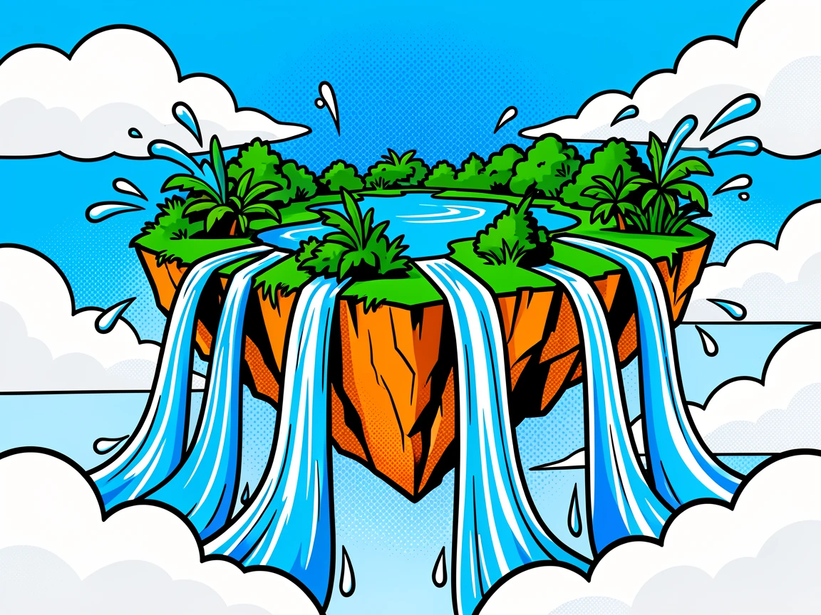A floating island with waterfalls cascading into the clouds
