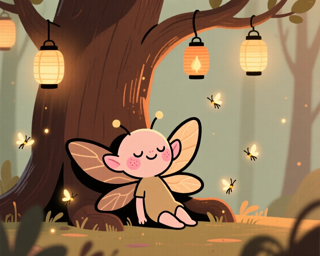 A tiny winged sprite rests beneath a tree hung with lanterns in an enchanted forest, surrounded by soft glowing fireflies that drifts gently through the air.
