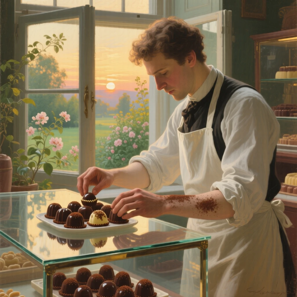 A detailed close shot of a chocolatier carefully arranging truffles in a glass display case, during the summer harvest, just after sunrise.