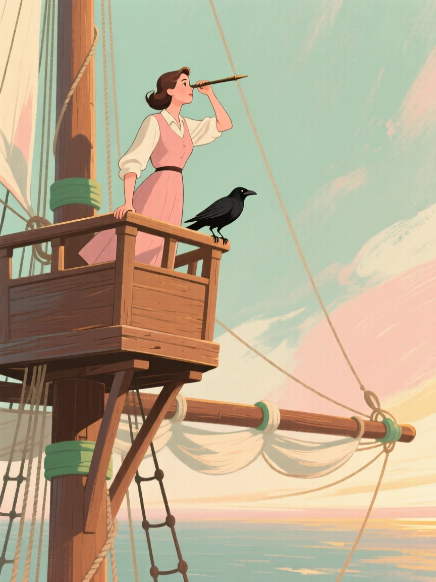 A ship's lookout scanning the horizon from a crow's nest