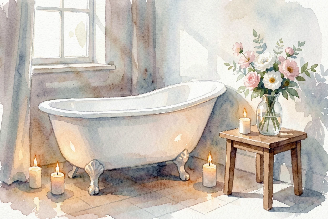 A bathroom with a clawfoot tub and candles with a vase of fresh flowers on the table.