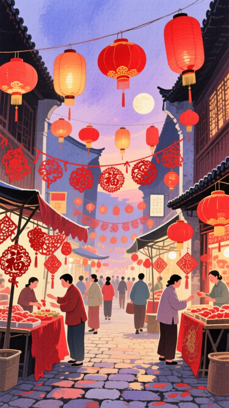 Lanterns and red decorations adorn a bustling street market during Lunar New Year celebrations at dusk