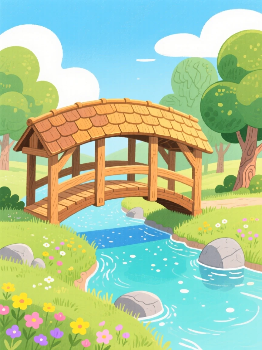 A picturesque view of a covered wooden bridge over a babbling creek.