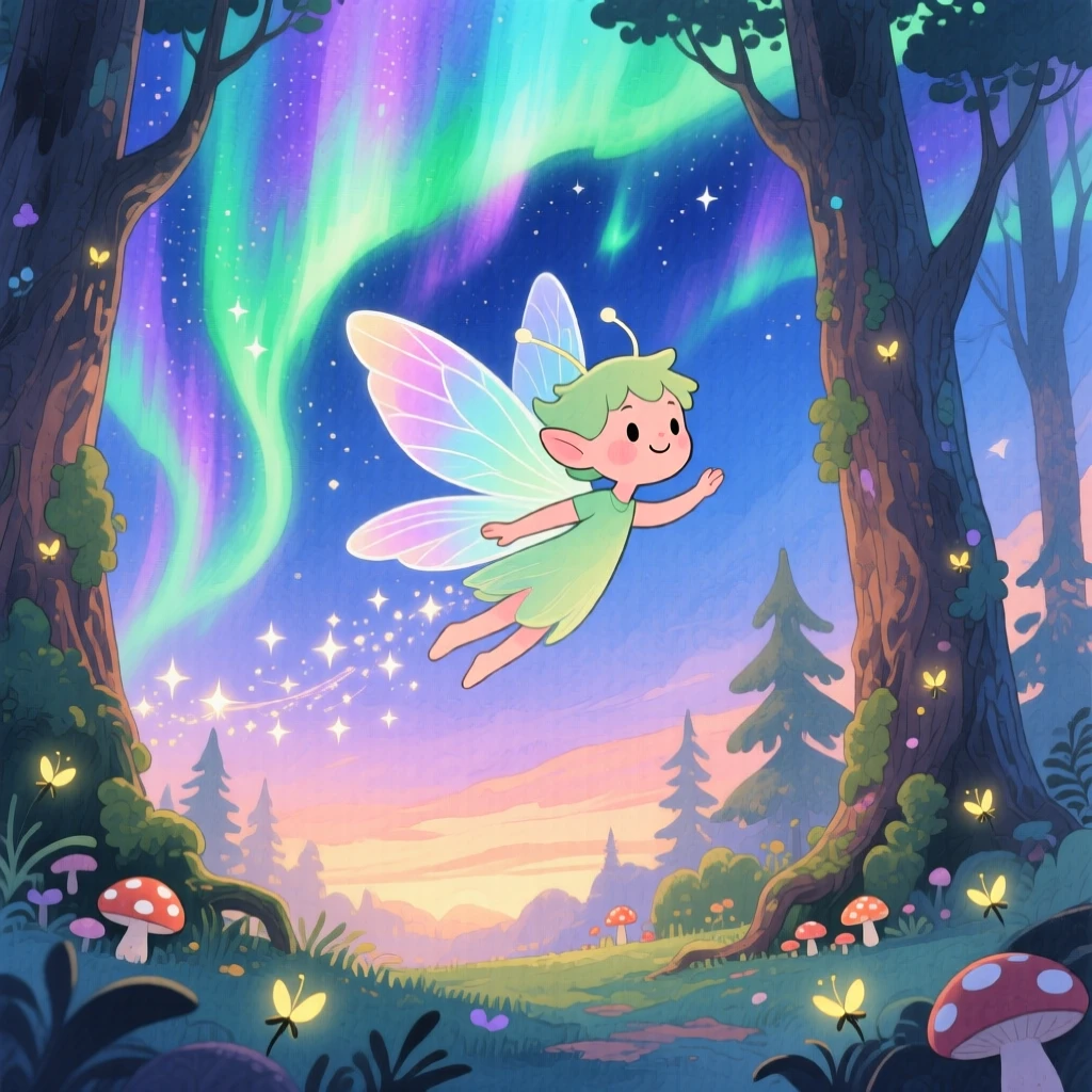 A friendly forest spirit flying through a sky painted with the northern lights, in an enchanted forest at twilight, radiating gentle magic and wonder.