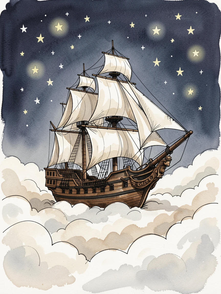 A pirate ship sailing through a sea of clouds, its sails billowing beneath a sky full of stars