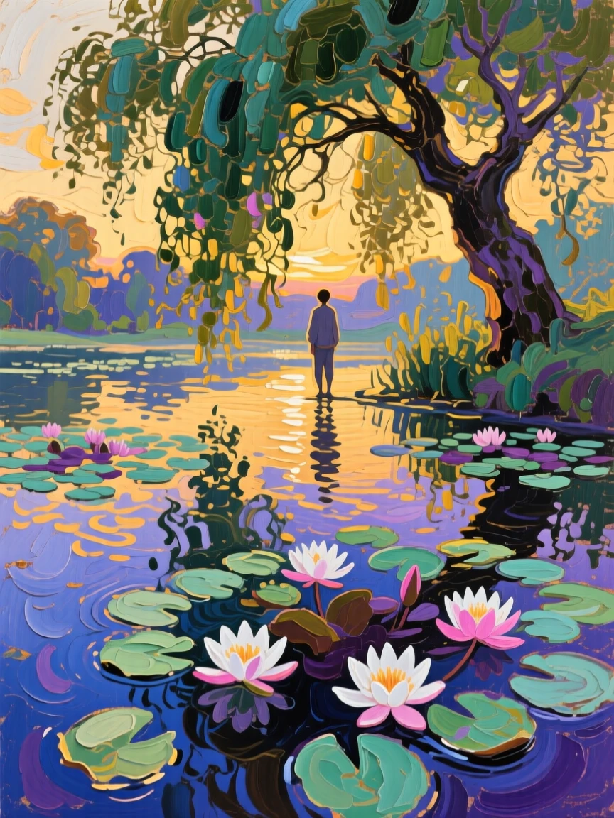 a pond with water lilies beneath a willow, in the last light before evening, from an inviting eye-level viewpoint.