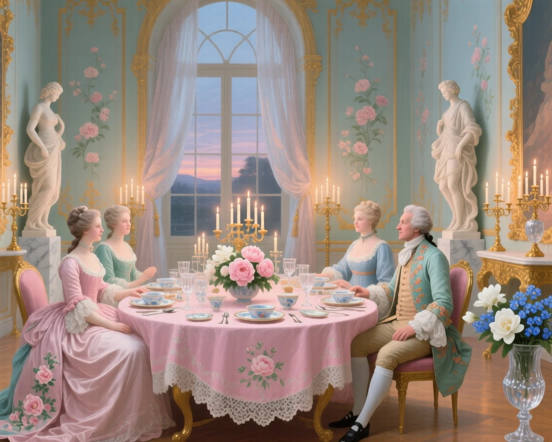 A candlelit gallery supper set between marble statues and tall windows  
