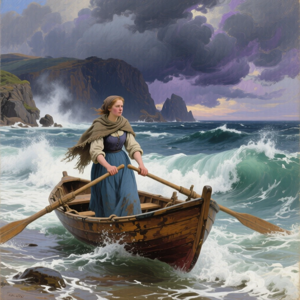 A fisherman's wife guides his boat past a stretch of foaming surf beneath a sky heavy with storm.