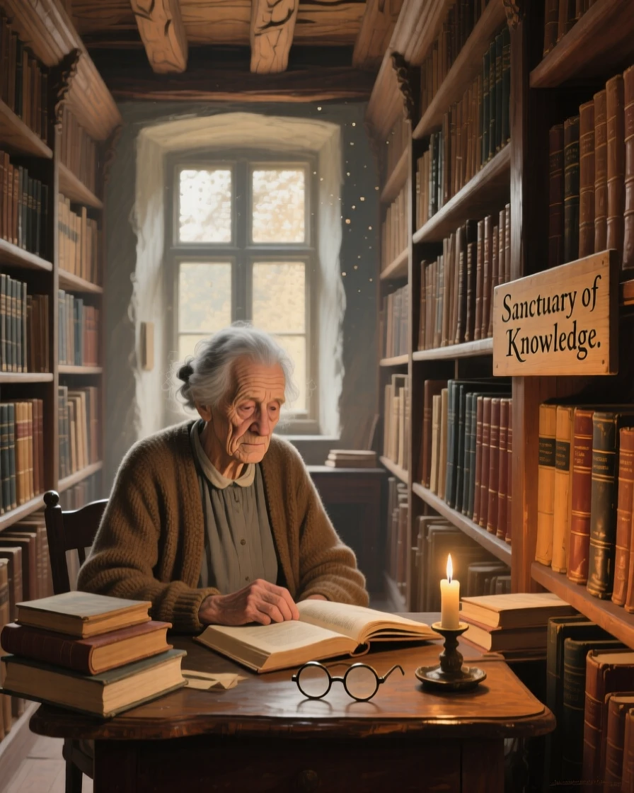 A wise old librarian surrounded by towering shelves of ancient books, framed closely to draw focus to their heartfelt expression, capturing a universal, deeply human moment of emotion