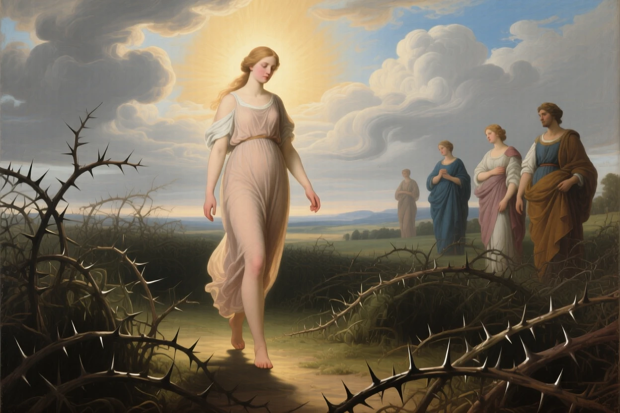 The allegory of Innocence walking untouched through a field of thorns as light and shadow embody opposing truths, set amid swirling clouds suspended between earth and sky, with allegorical attendants representing virtues gathered nearby; radiating light from the central figure draws every eye inward, filled with quiet reverence for forces greater than ourselves.