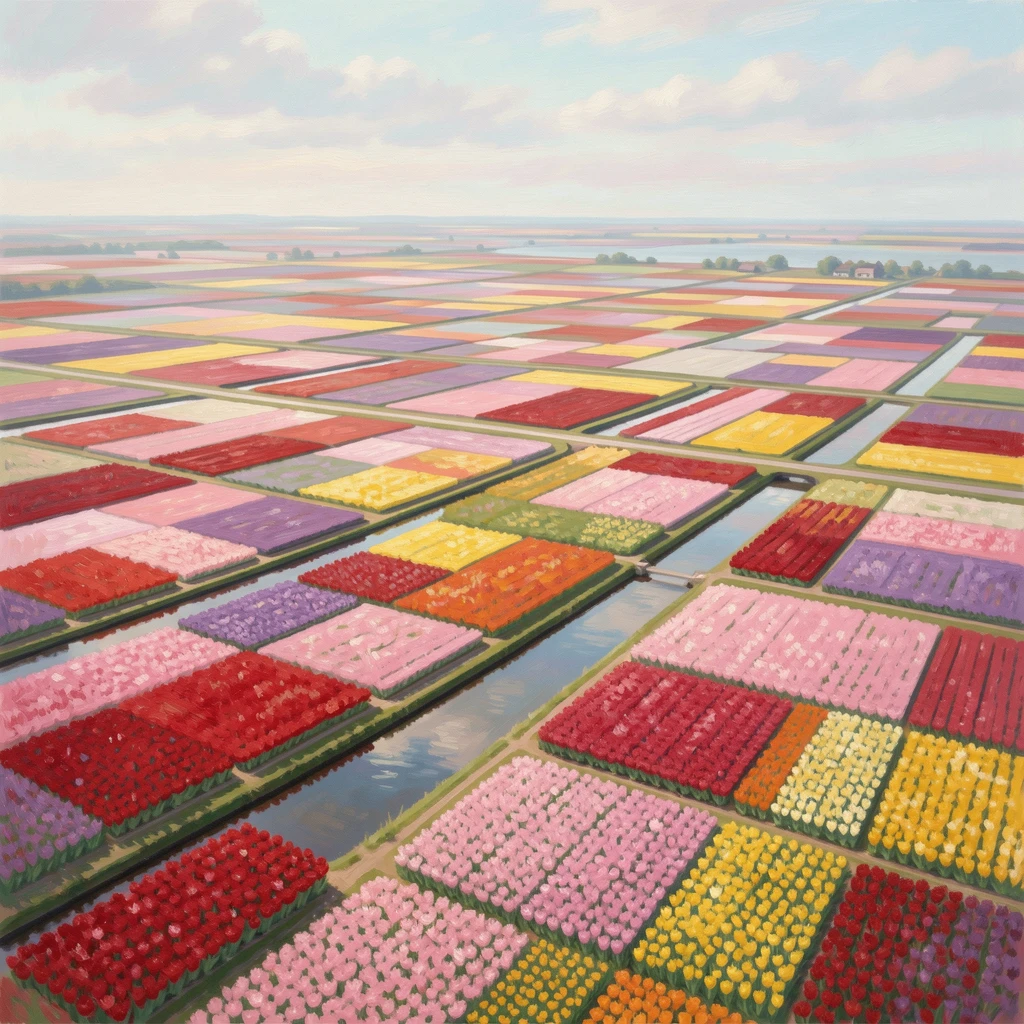 A patchwork quilt of tulip fields in Holland seen from above, canals cutting straight lines between them.