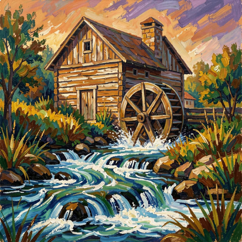 A rustic mill beside a rushing stream, its wooden wheel turning steadily.