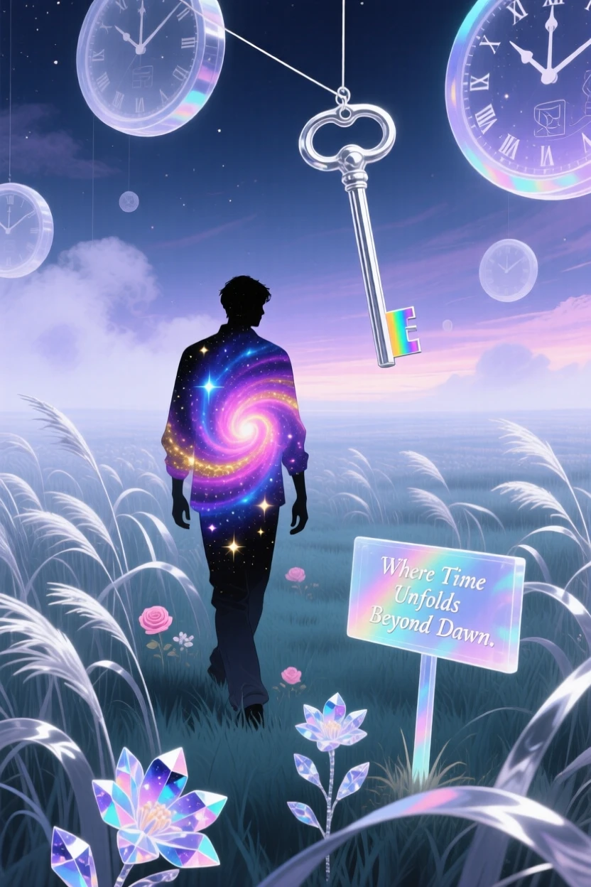 A man whose silhouette is filled with a swirling galaxy walks slowly through a field of tall silver grass, while the world around them fades into soft watercolor mist.