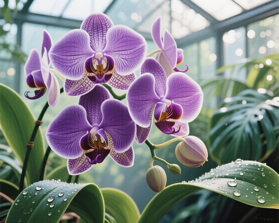 A close-up of orchids in a tropical greenhouse shows intricate purple and white petals with delicate veining, morning mist still clinging to the leaves, everything rendered with quiet clarity under the steady, natural light of the hour.