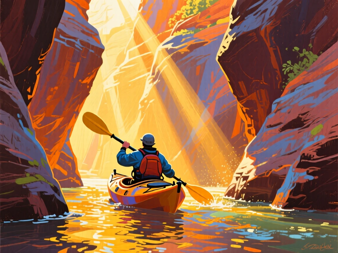 A kayaker paddling through a narrow slot canyon lit by beams of golden sunlight