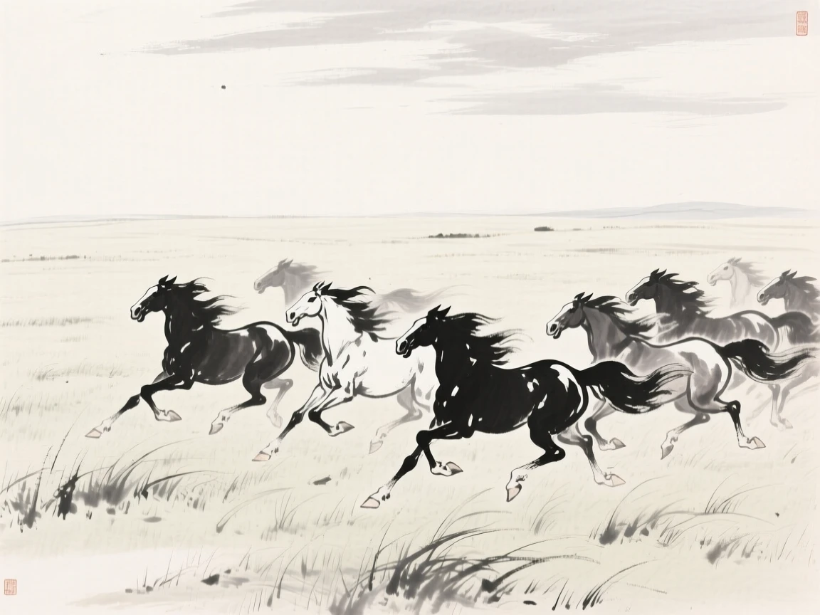 A herd of wild horses gallops across an open grassland, beneath a vast open sky.