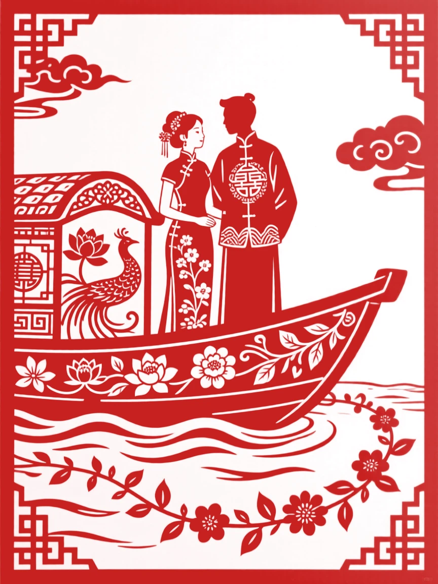 A couple standing at the prow of a decorated boat during a river wedding procession, garlands trailing in the water