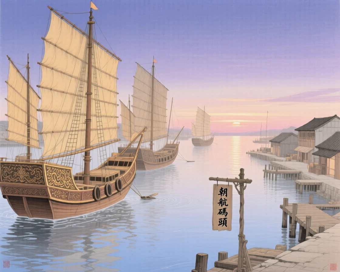 A fleet of merchant ships departing a harbor at first light, as the last light of day fades over the horizon