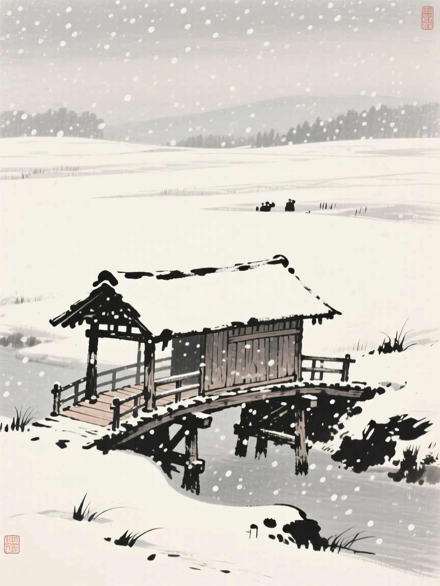 An old covered wooden bridge beneath a canopy of falling snow, captured from a distance, small against a vast landscape, carrying a sense of sacred stillness.