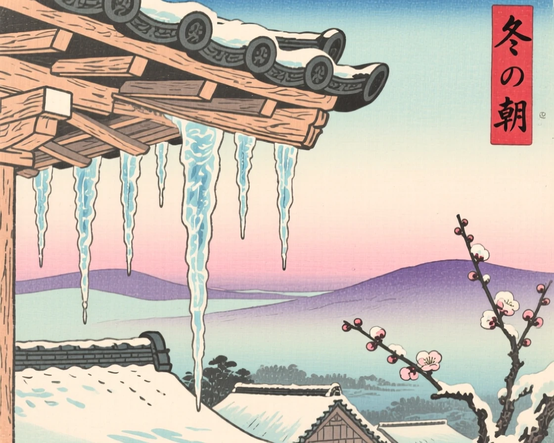 Icicles hanging from a wooden eave under a soft pastel sky.
