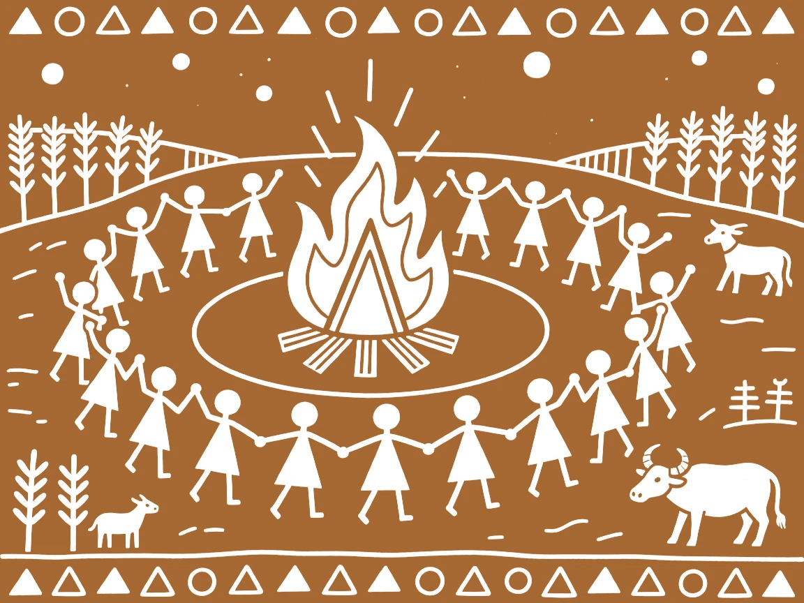 A harvest festival celebrated with dancers forming rows around a bonfire.