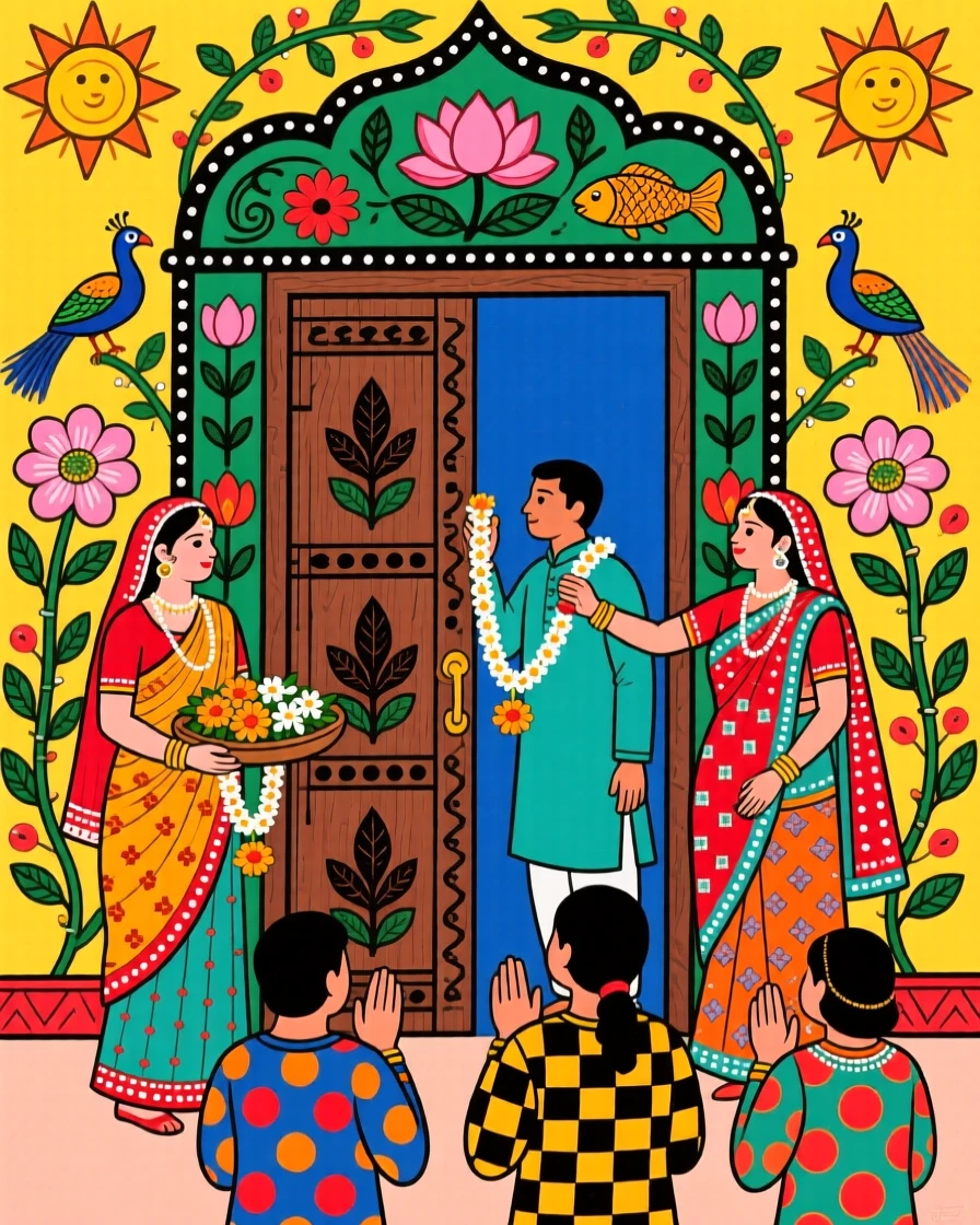 A bride's family welcoming guests with garlands at the entrance gate.