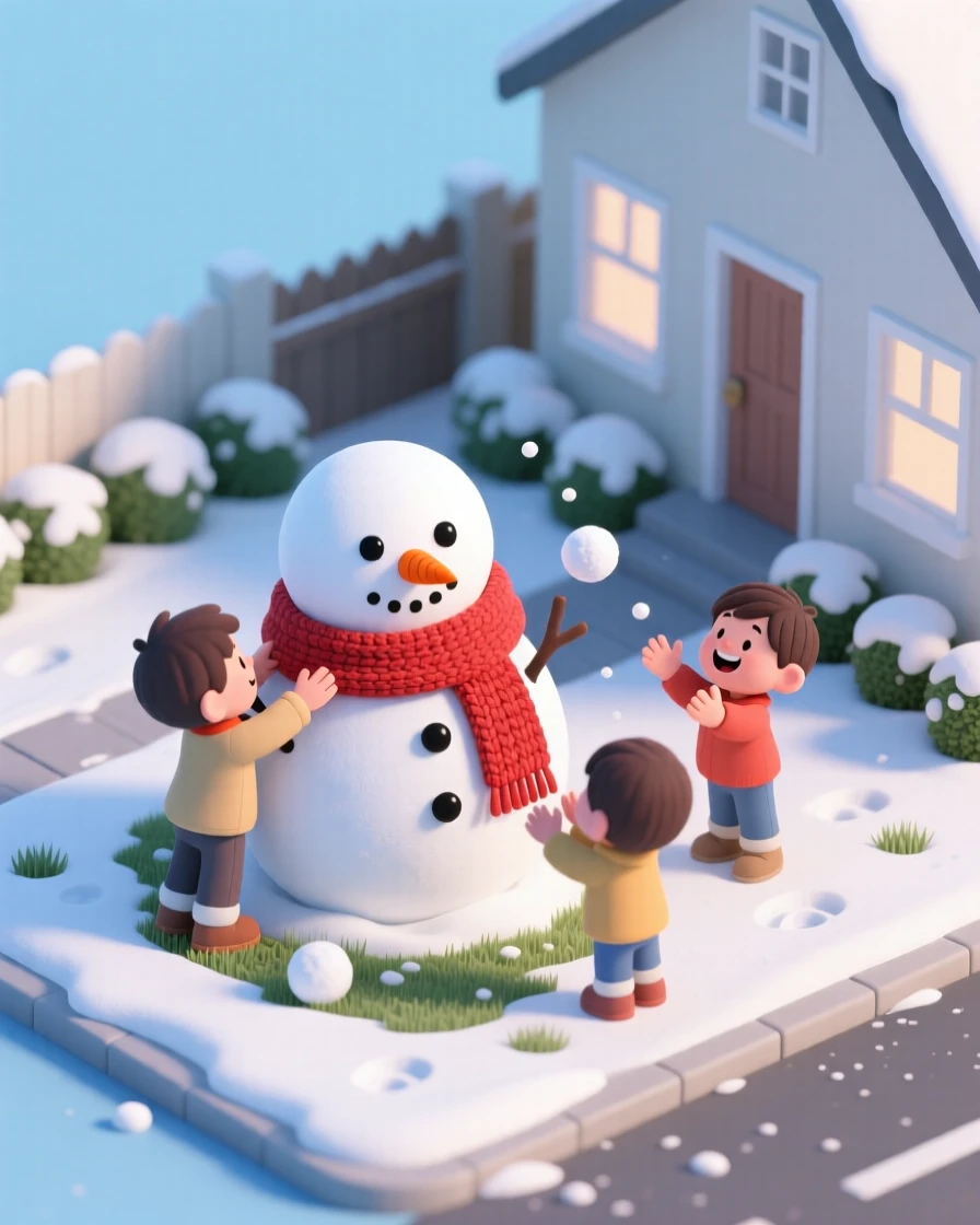 A cozy scene of building a snowman in the front yard, a carrot nose and button eyes, a scarf being wrapped, and children laughing nearby.