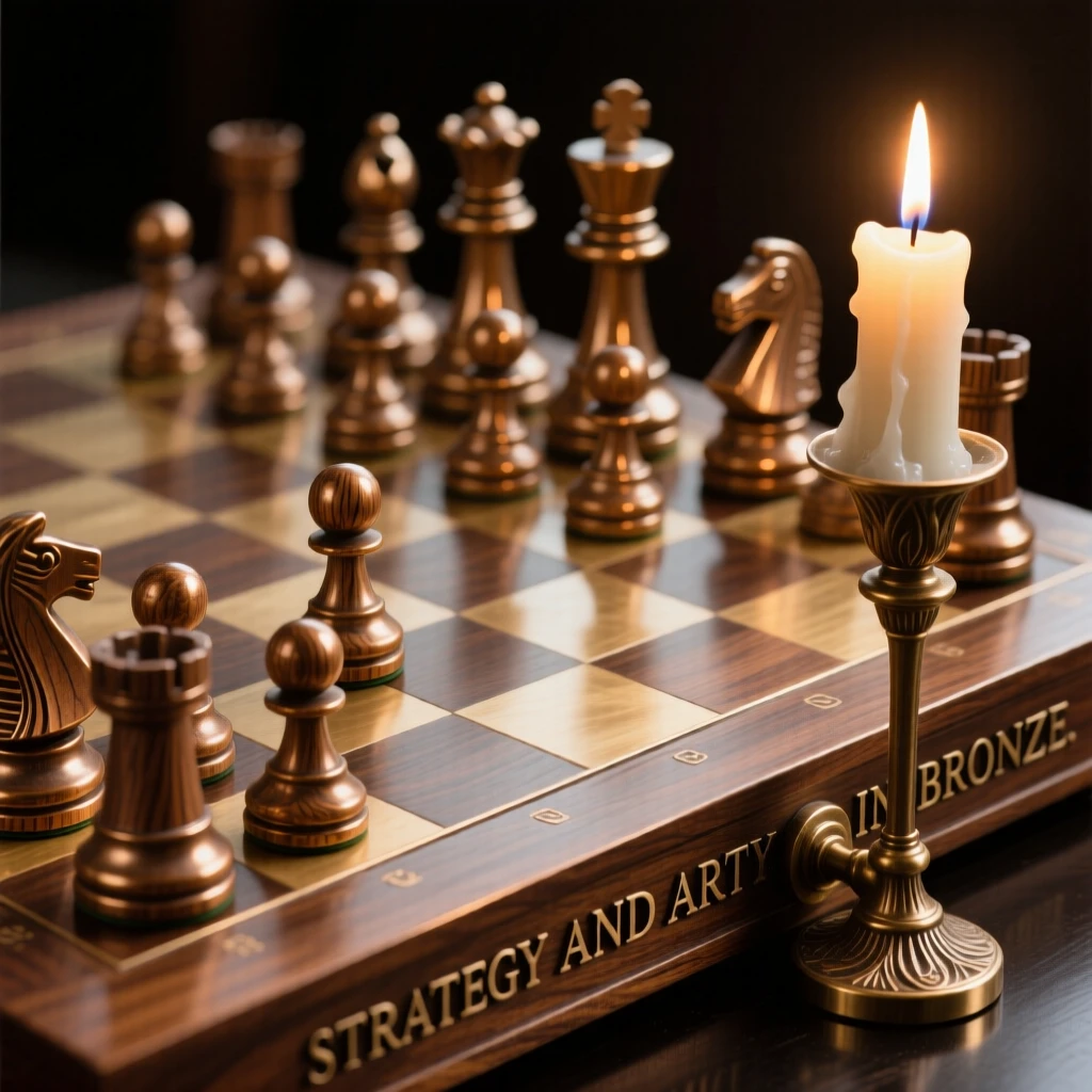 A carved wooden chess set mid-game beneath candlelight, rendered with exquisite, luminous detail, radiating elegance and refinement