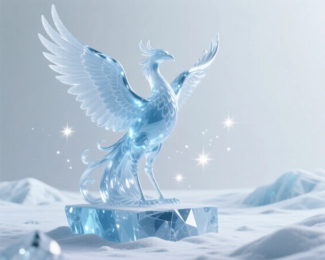 A majestic ice phoenix over a frozen tundra, bathed in soft magical light with drifting sparkles in the air, epic and awe-inspiring composition, evoking wonder and adventure.