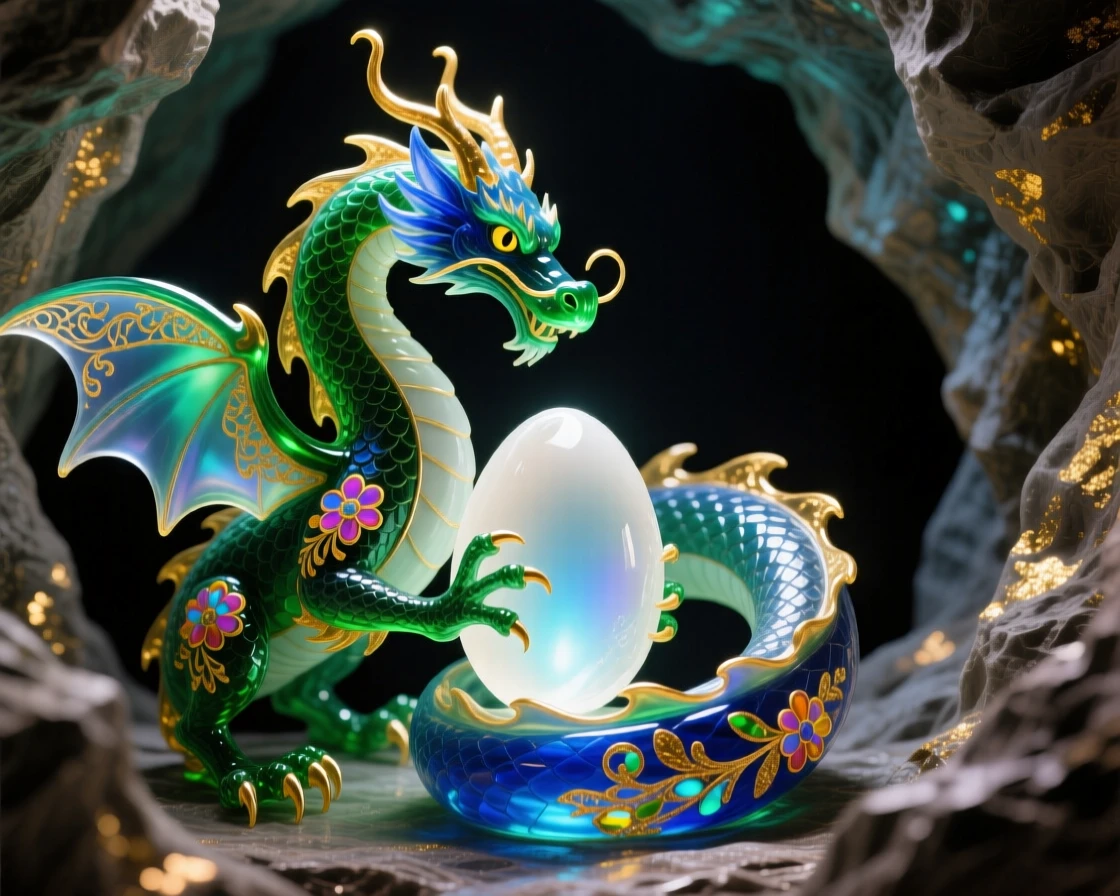 A dragon curling protectively around a glowing crystal egg in a cave, tender and fierce.