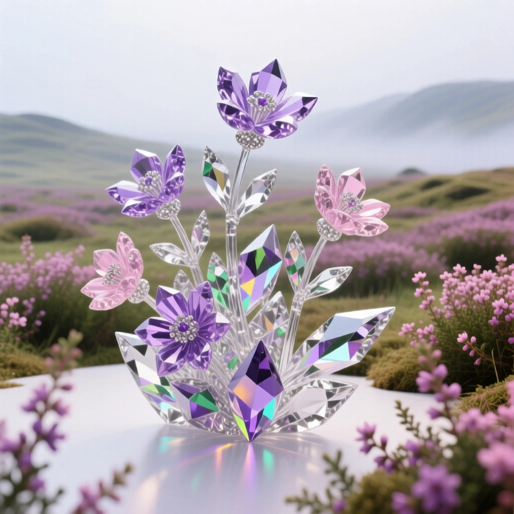 A field of blooming heather stretching across a misty highland moor.