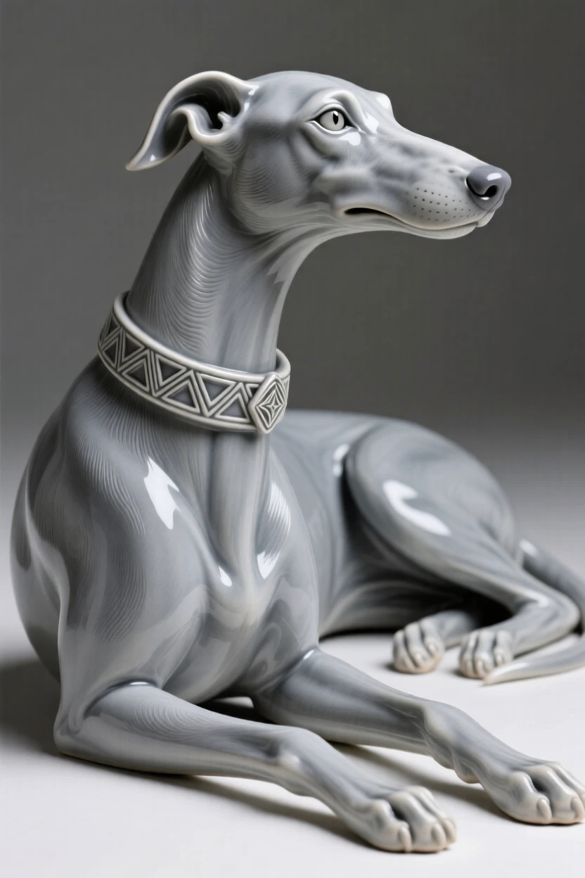 An elegant greyhound reclining regally posed with understated, timeless refinement, accented with subtle, tasteful ornamentation, radiating sophistication and timeless taste.