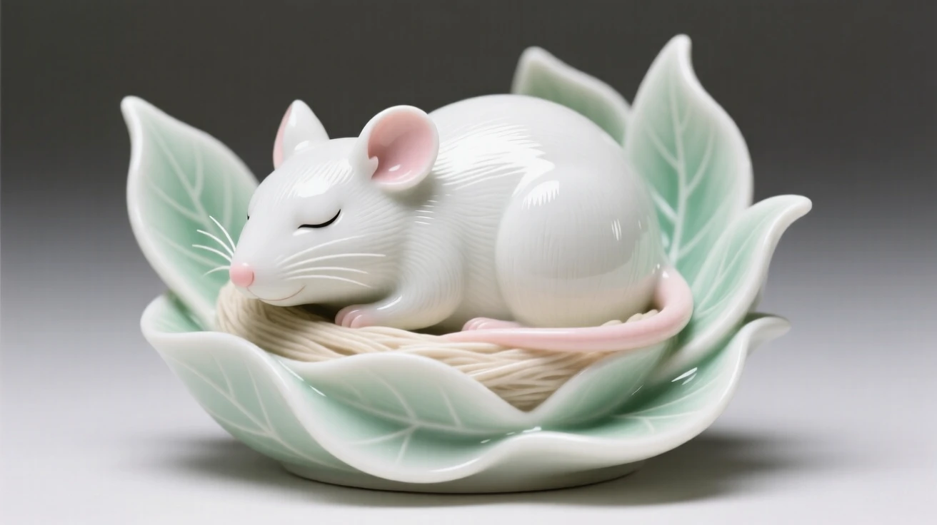 A tiny mouse tucked into a nest of soft leaves, radiating quiet, gentle charm.
