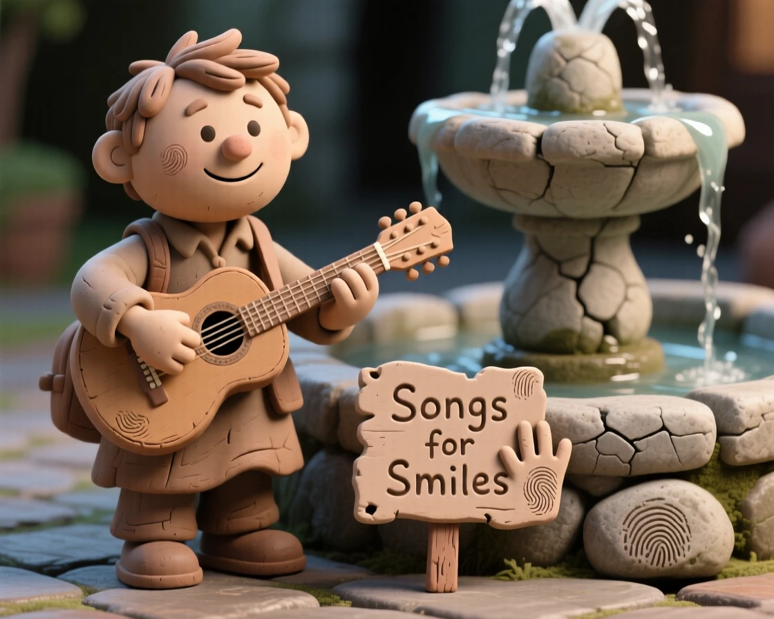 A traveling musician busking beside an old stone fountain