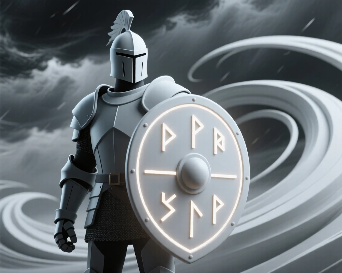 A noble paladin raises a glowing shield inscribed with ancient runes, standing firm against a swirling storm.